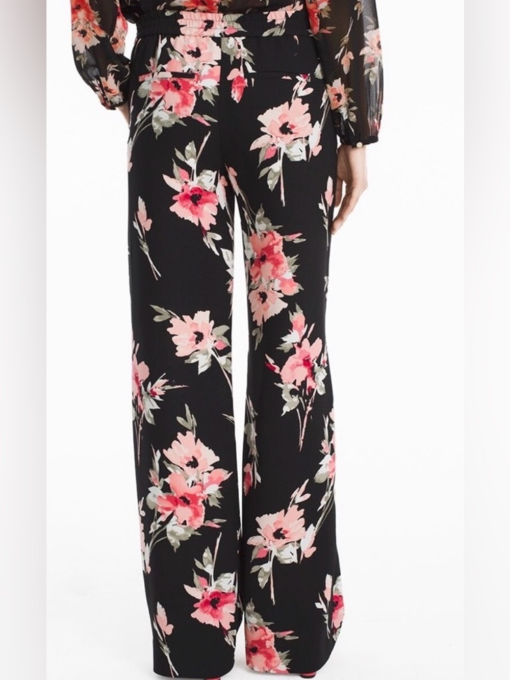 White House Black Market Black Wide-Leg Floral Pants with Pink Blooms - Picture 2 of 7